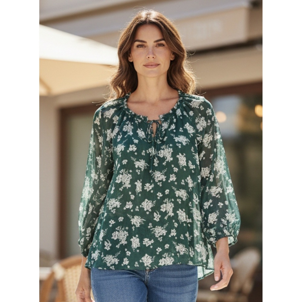 Lauren Conrad Floral Green & White Peasant Long Sleeve Blouse Top W Front Tie 0X